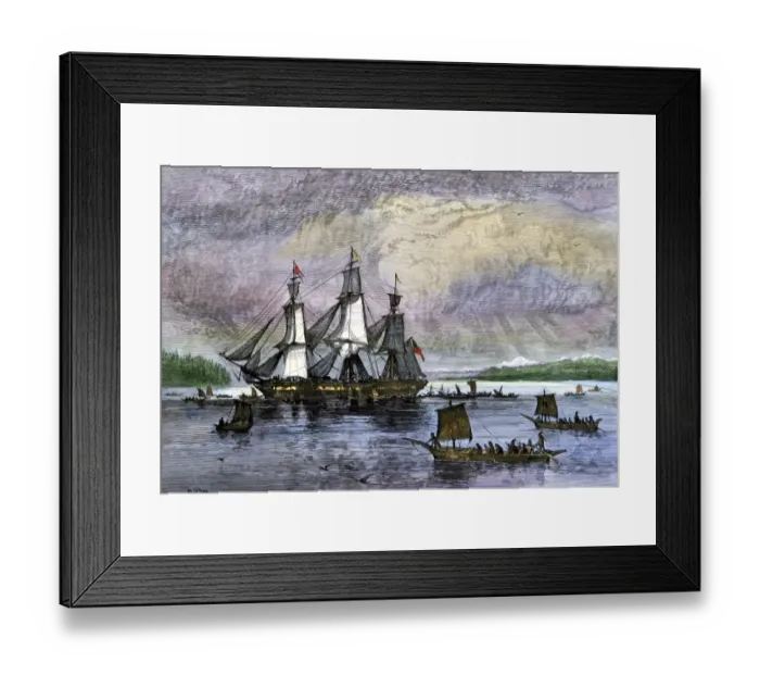 Framed Print : Native Americans paddling canoes to a trading ship on the Pacific Northwest Framed Print : Native Americans paddling canoes to a trading ship on the Pacific Northwest