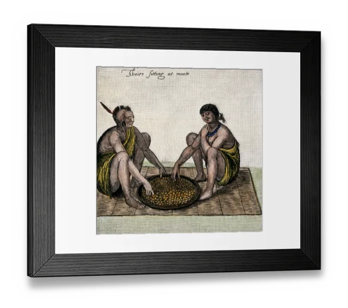 Framed Print : Native American man and woman eating from a basket Framed Print : Native American man and woman eating from a basket