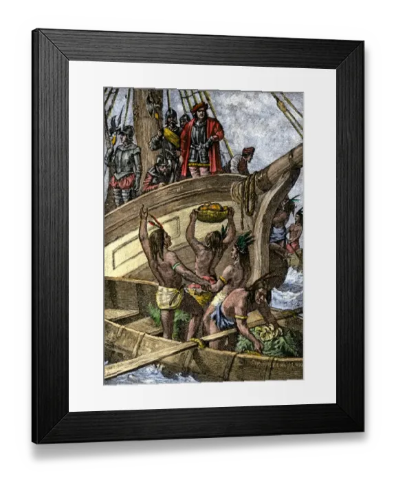 Framed Print : Caribbean natives bring provisions to the shipwrecked crew of Columbus Framed Print : Caribbean natives bring provisions to the shipwrecked crew of Columbus