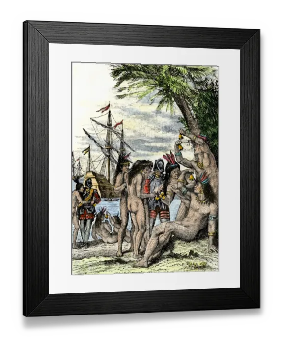 Framed Print : Columbus giving hawks bells to natives after landing in the Caribbean Framed Print : Columbus giving hawks bells to natives after landing in the Caribbean