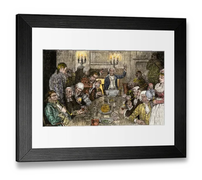 Framed Print : Men enjoying an afterdinner drink in colonial times Framed Print : Men enjoying an afterdinner drink in colonial times