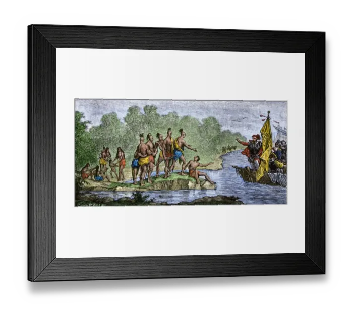 Framed Print : Columbuss hospitable reception by Guacanagari Framed Print : Columbuss hospitable reception by Guacanagari