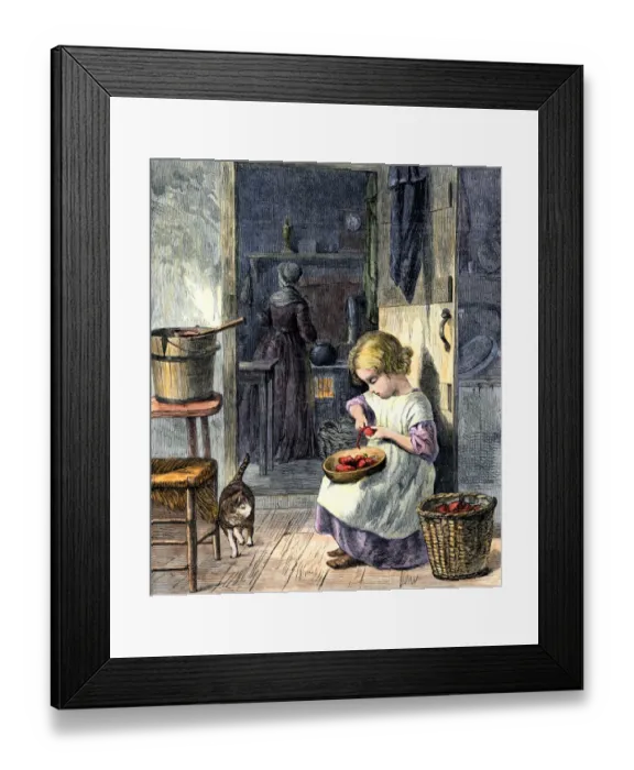 Framed Print : Young girl peeling apples for her mother Framed Print : Young girl peeling apples for her mother