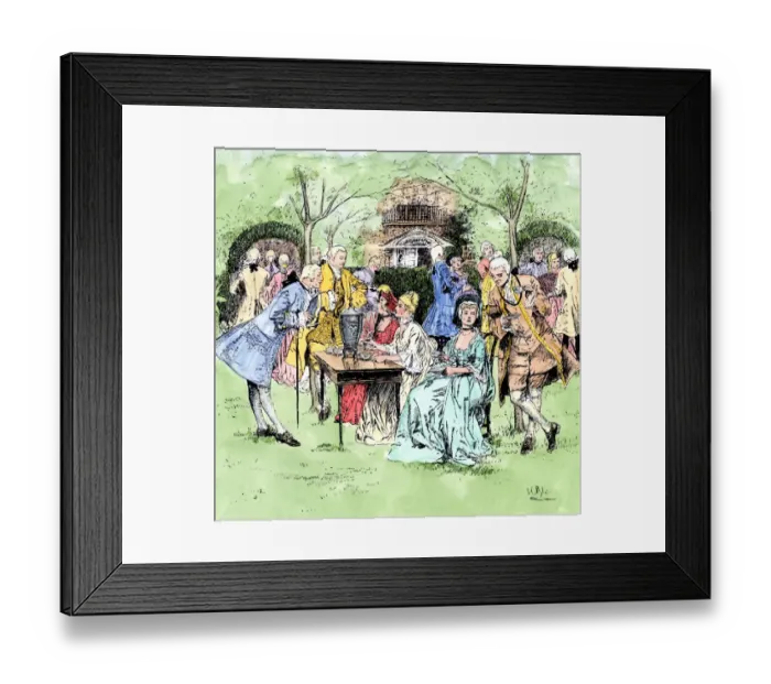 Framed Print : Outdoor tea party in colonial New England Framed Print : Outdoor tea party in colonial New England