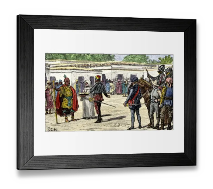 Framed Print : Meeting between Spanish conqueror Pizarro and Inca leader Atahualpa