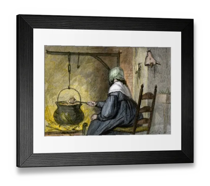 Framed Print : Woman stirring a cook-pot hanging in a fireplace Framed Print : Woman stirring a cook-pot hanging in a fireplace