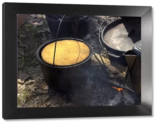 Cornbread cooking in a Confederate camp, reenactment
