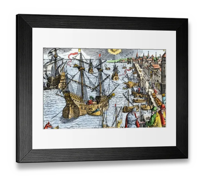 Framed Print : Ships in busy Lisbon harbor, circa 1600 Framed Print : Ships in busy Lisbon harbor, circa 1600