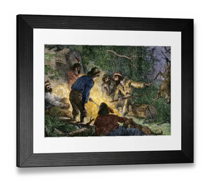 Framed Print : Trappers and woodsmen exchanging stories around a campfire Framed Print : Trappers and woodsmen exchanging stories around a campfire