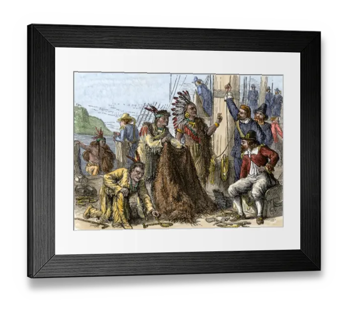 Framed Print : Native Americans aboard ship to trade their furs to Europeans