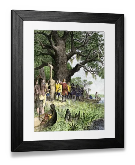 Framed Print : LaSalle at the mouth of the Mississippi River claims Louisiana for France 1682