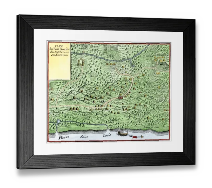 Framed Print : Fort Rozalie des Natchez on the Mississippi River 1700s - North is to the right