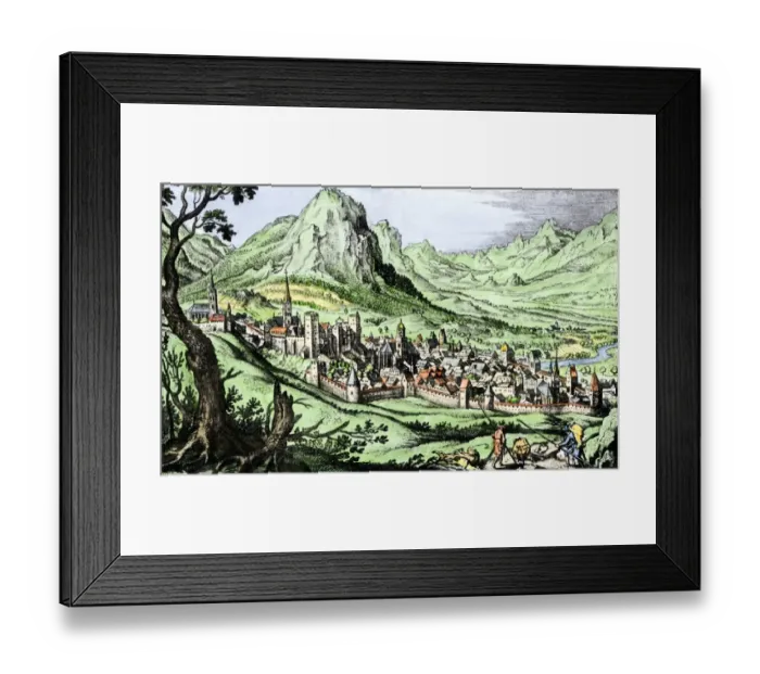 Framed Print : Medieval walled town in the Swiss Alps Framed Print : Medieval walled town in the Swiss Alps