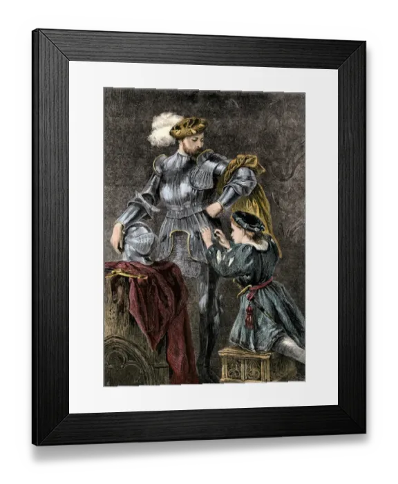 Framed Print : Medieval squire helping a knight into his armor