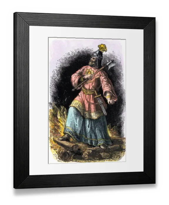 Framed Print : Attila the Hun standing amid burning ruins