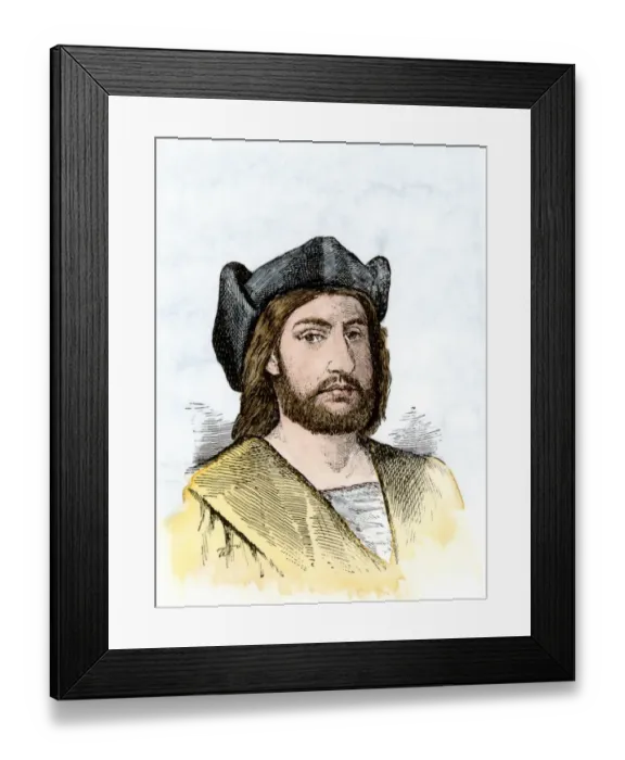Framed Print : Christopher Columbus. Hand-colored woodcut of a 19th-century illustration Framed Print : Christopher Columbus. Hand-colored woodcut of a 19th-century illustration