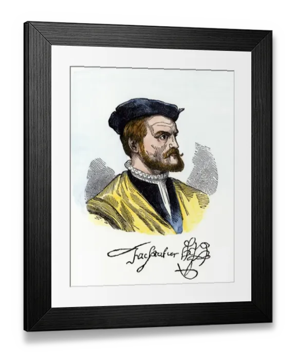 Framed Print : Jacques Cartier portrait with his autograph Framed Print : Jacques Cartier portrait with his autograph