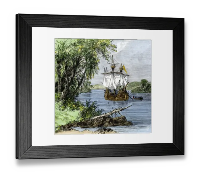 Framed Print : Verrazano in Narragansett Bay, 1520s
