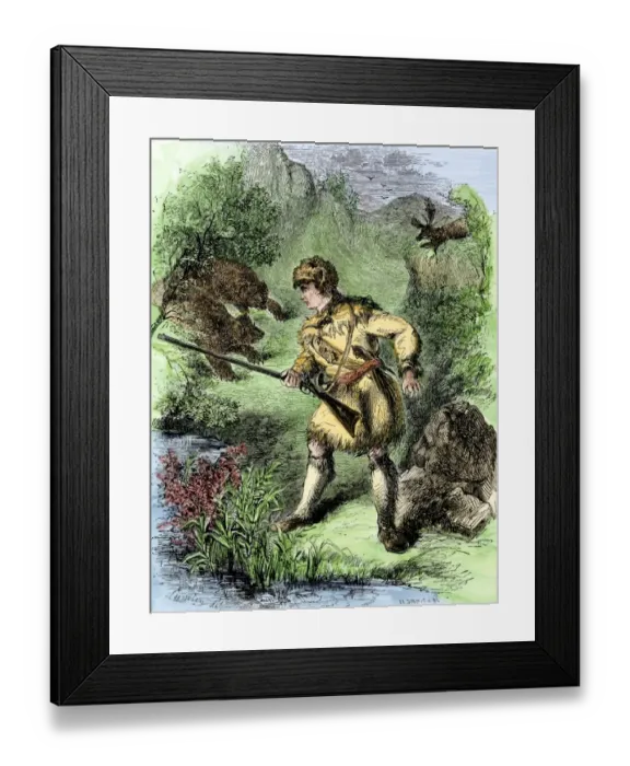 Framed Print : Davy Crockett facing grizzly bears Framed Print : Davy Crockett facing grizzly bears