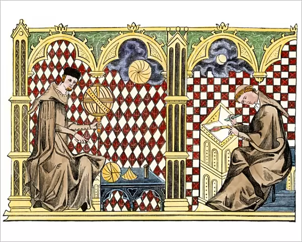Medieval monks studying geometry and copying a manuscript