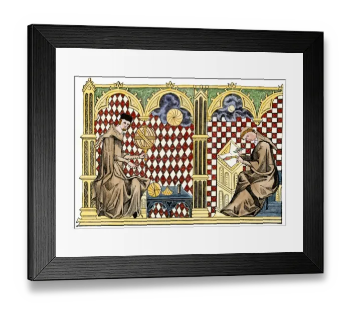 Framed Print : Medieval monks studying geometry and copying a manuscript