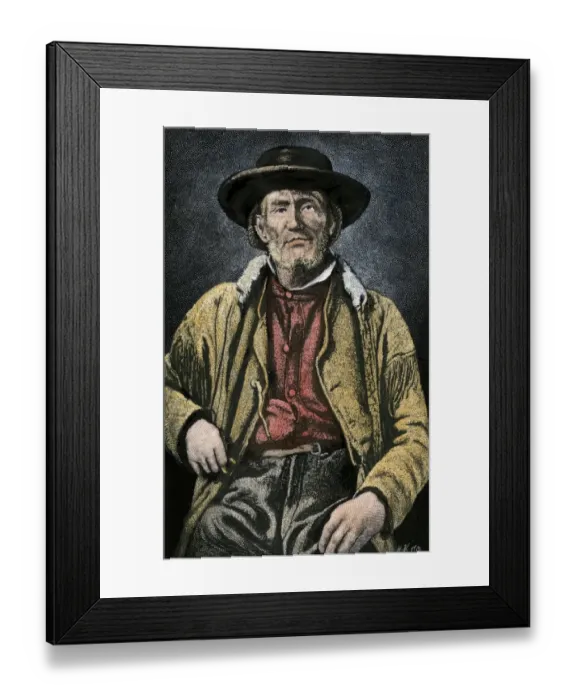 Framed Print : Jim Bridger. Hand-colored woodcut reproduction of a photograph Framed Print : Jim Bridger. Hand-colored woodcut reproduction of a photograph