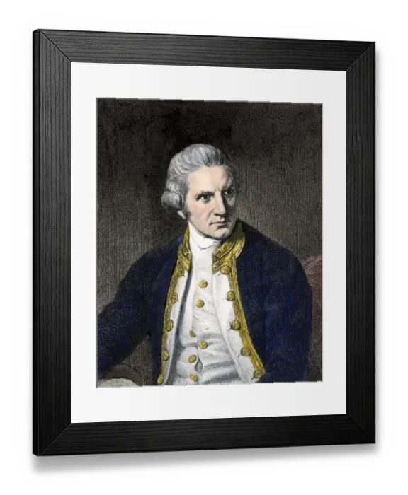 Framed Print : Captain James Cook. Hand-colored woodcut of a painting