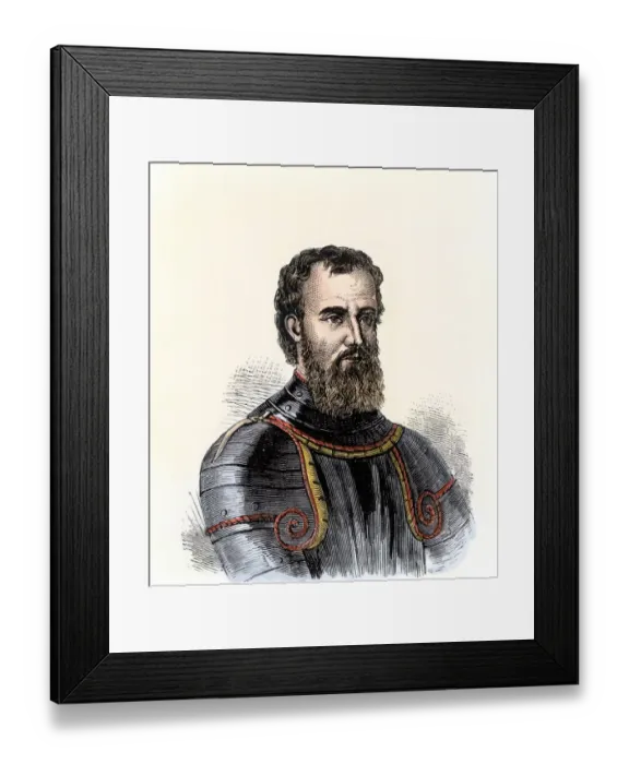 Framed Print : Giovanni da Verrazano. Hand-colored woodcut of a 19th-century illustration