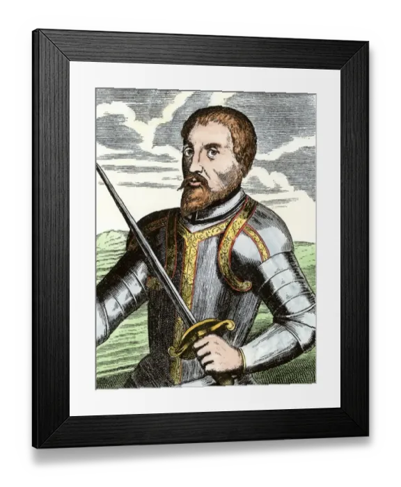 Framed Print : Spanish conquistador Hernando de Soto Hand-colored 19th-century woodcut Framed Print : Spanish conquistador Hernando de Soto Hand-colored 19th-century woodcut