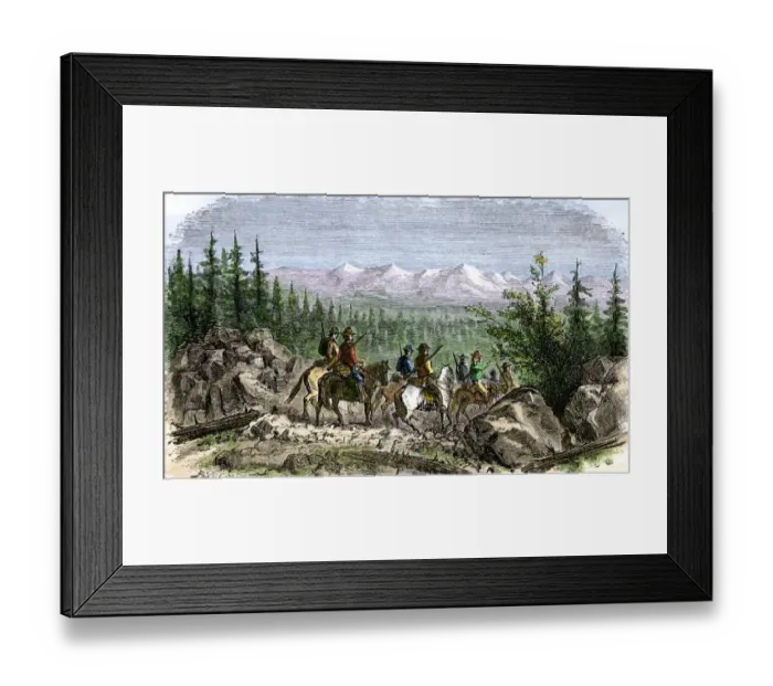 Framed Print : Group of pioneer horsemen getting their first glimpse of the Sierra Nevada Framed Print : Group of pioneer horsemen getting their first glimpse of the Sierra Nevada