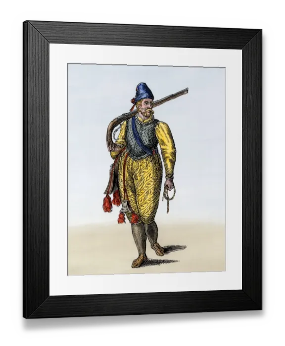 Framed Print : Dutch soldier armed with an arquebus