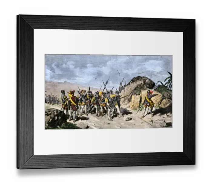 Framed Print : Francisco Pizarro draws a line in the sand in Panama daring his men to follow Framed Print : Francisco Pizarro draws a line in the sand in Panama daring his men to follow