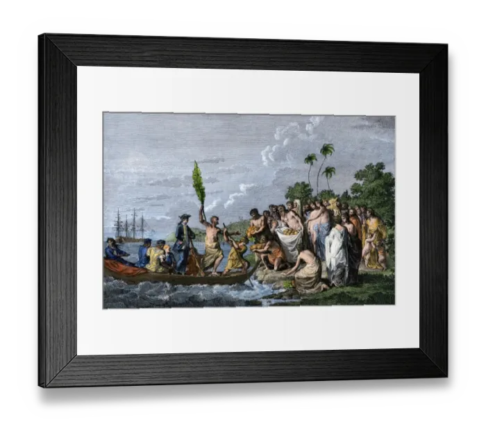 Framed Print : Captain Cook landing on a South Pacific island, 1770s Framed Print : Captain Cook landing on a South Pacific island, 1770s