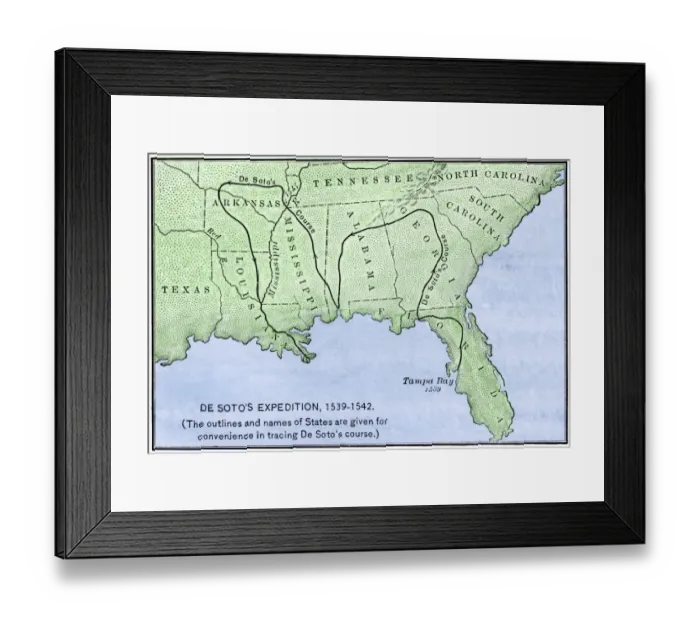 Framed Print : Map of DeSotos route, 1540s Framed Print : Map of DeSotos route, 1540s
