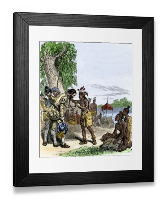Framed Print : De Soto greeted by native Cofitachequi queen in Carolina