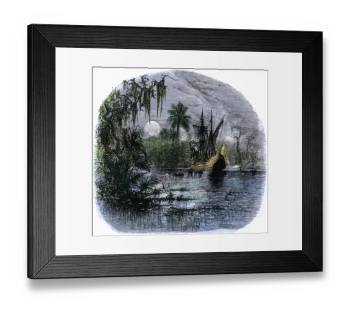 Framed Print : Early explorers coming ashore along a tropical coast in the New World Framed Print : Early explorers coming ashore along a tropical coast in the New World