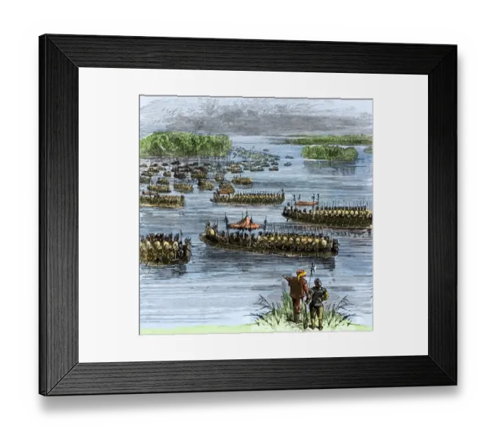 Framed Print : De Sotos expedition met by Chief Aquixos Native Americans in canoes Framed Print : De Sotos expedition met by Chief Aquixos Native Americans in canoes