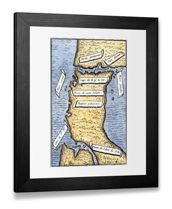 Framed Print : First map of the Strait of Magellan from Magellans circumnavigation of Framed Print : First map of the Strait of Magellan from Magellans circumnavigation of