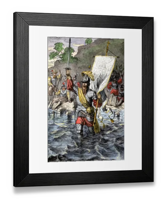 Framed Print : Balboa raising his sword to claim the Pacific Ocean for Spain Framed Print : Balboa raising his sword to claim the Pacific Ocean for Spain