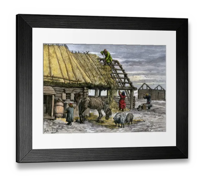Framed Print : Russian serfs using thatch from their roofs to feed livestock during a famine Framed Print : Russian serfs using thatch from their roofs to feed livestock during a famine
