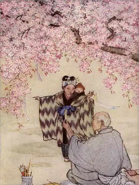 Japanese poet under a cherry tree