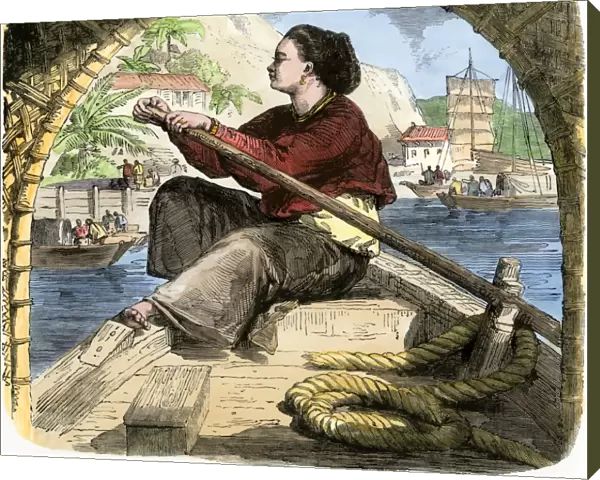 Young woman in Canton rowing a sampan