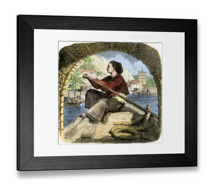 Framed Print : Young woman in Canton rowing a sampan Framed Print : Young woman in Canton rowing a sampan