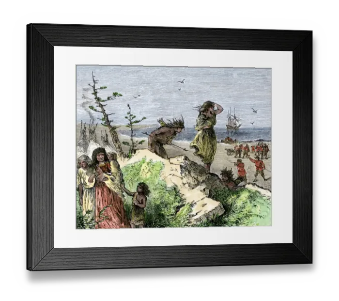 Framed Print : Henry Hudsons attack on a Native American village on the Atlantic coast Framed Print : Henry Hudsons attack on a Native American village on the Atlantic coast