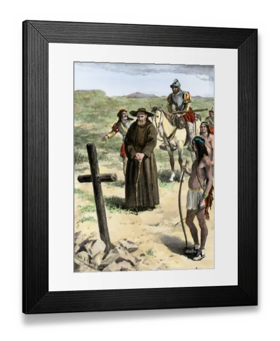 Framed Print : Father Juan de Padilla finds the cross set by Coronado