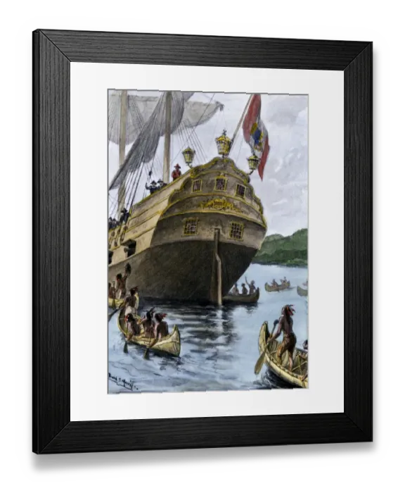 Framed Print : Henry Hudsons ship Half Moon arriving at Manhattan Island Framed Print : Henry Hudsons ship Half Moon arriving at Manhattan Island