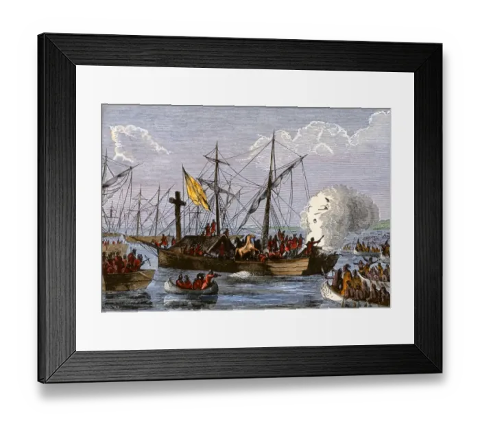 Framed Print : DeSoto expedition retreating down the Mississippi, 1542 Framed Print : DeSoto expedition retreating down the Mississippi, 1542