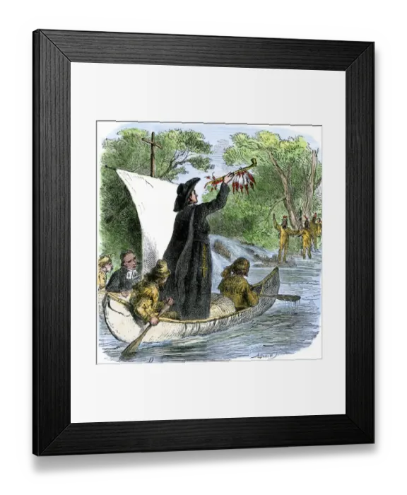 Framed Print : Father Jacques Marquette holding a peace pipe to greet Native Americans during Framed Print : Father Jacques Marquette holding a peace pipe to greet Native Americans during