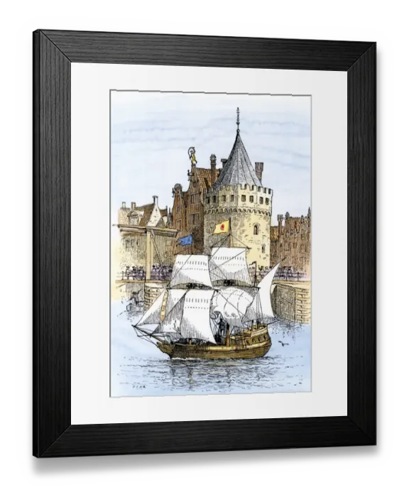 Framed Print : Hudsons ship Half-Moon leaving Amsterdam for the New World