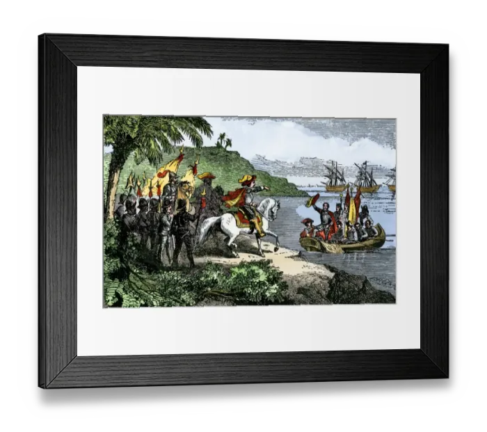 Framed Print : Spanish explorer Hernando De Soto landing his expedition in Florida